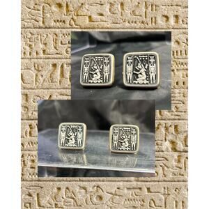 Vintage 60’s Egyptian Revival Hieroglyph Enamel & Porcelain Gold Tone Cufflinks
